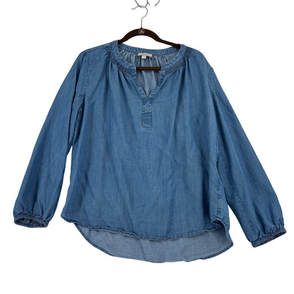 Loft Chambray Blouse Top Size L Blue 100% Lyocell Long Balloon Sleeve